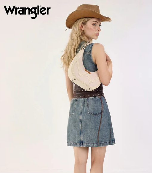 Wrangler Western Contrast Stitch Chevron Hobo Shoulder Bag - Tan
