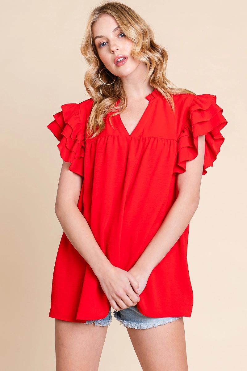Red Airflow Ruffle Sleeve Blouse