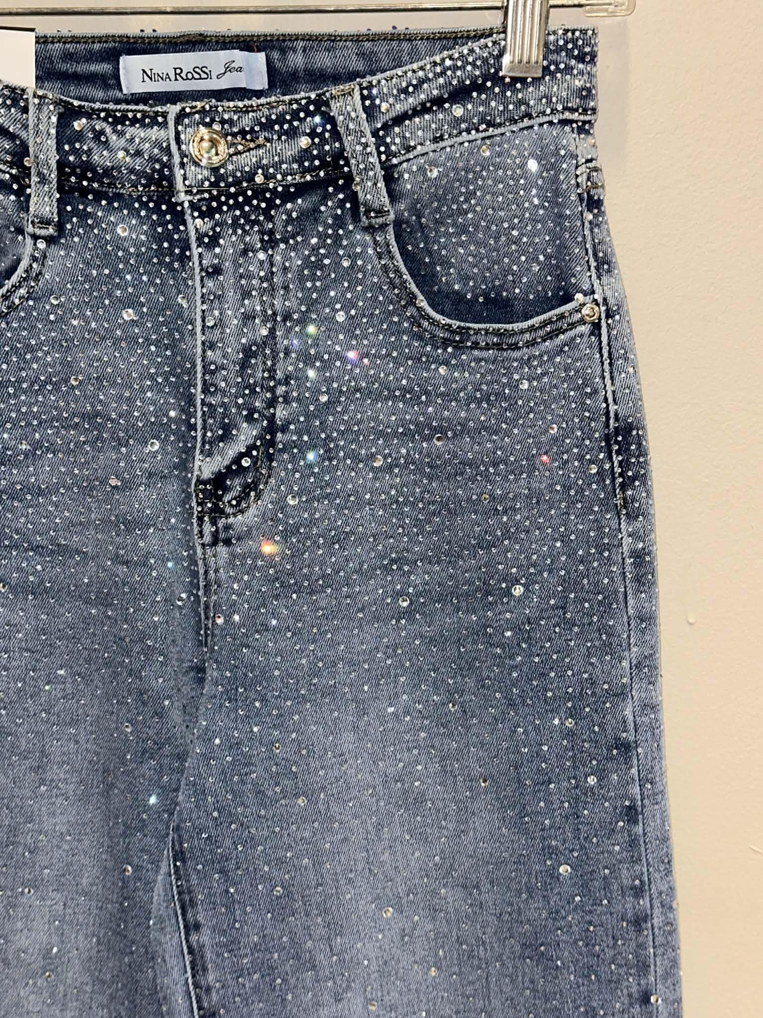 Nina Rossi Stone Embellished Wide Leg Jeans