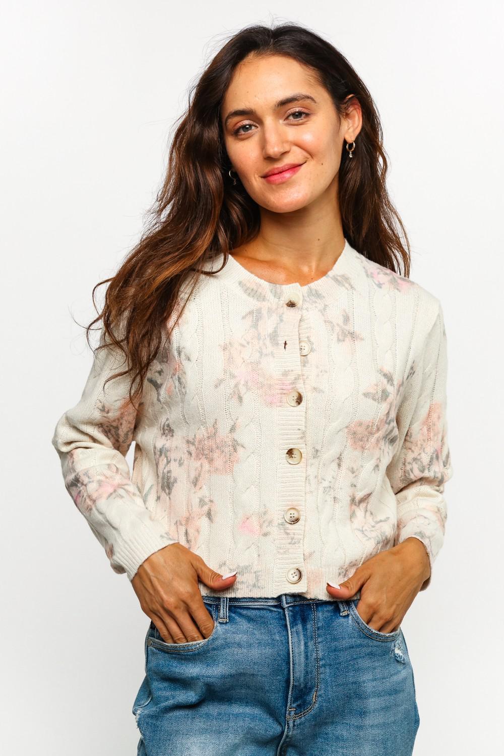 Button Down Floral Cable Sweater