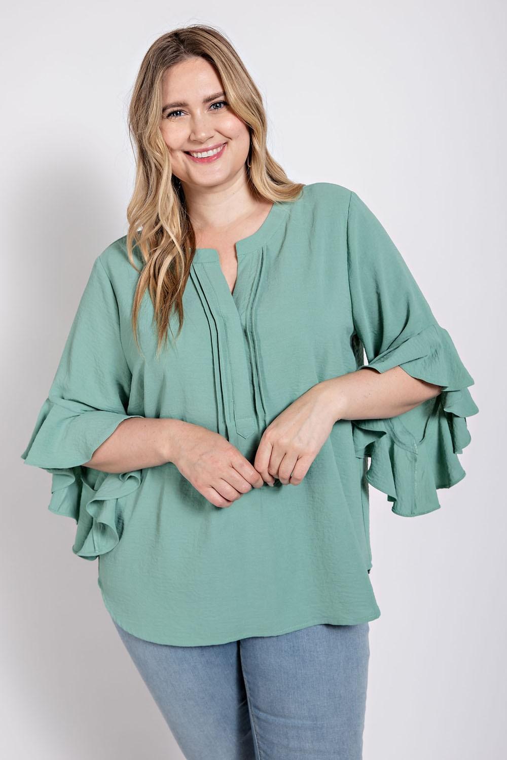 Ruffled Bell Sleeve Front Pleated Blouse - Mint