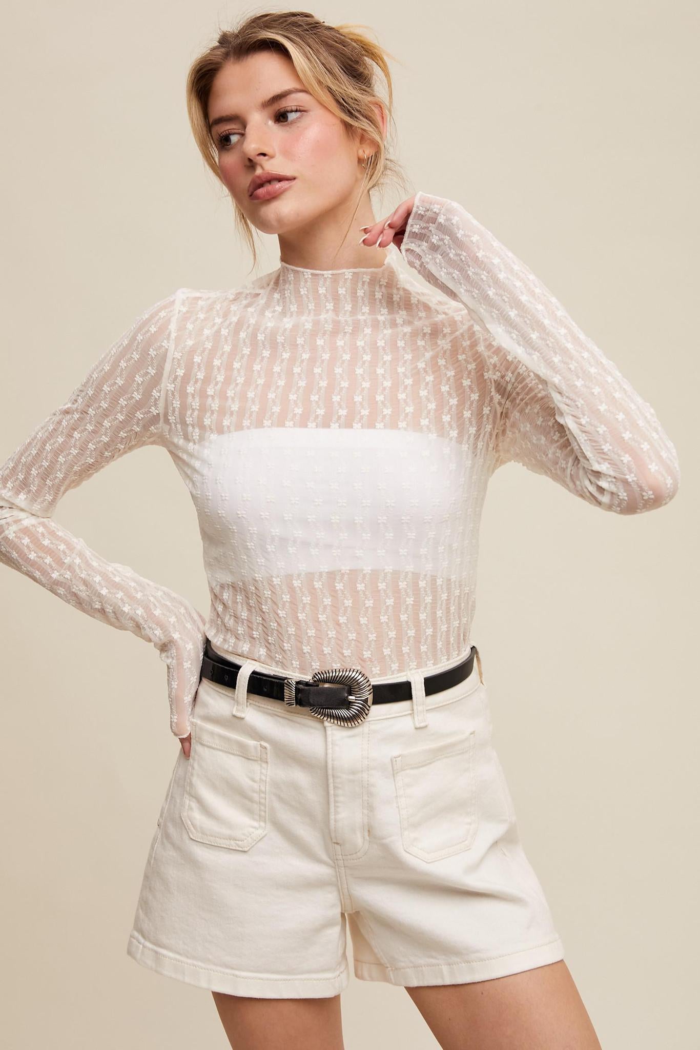 Sheer Textured Lace Long-sleeve Top