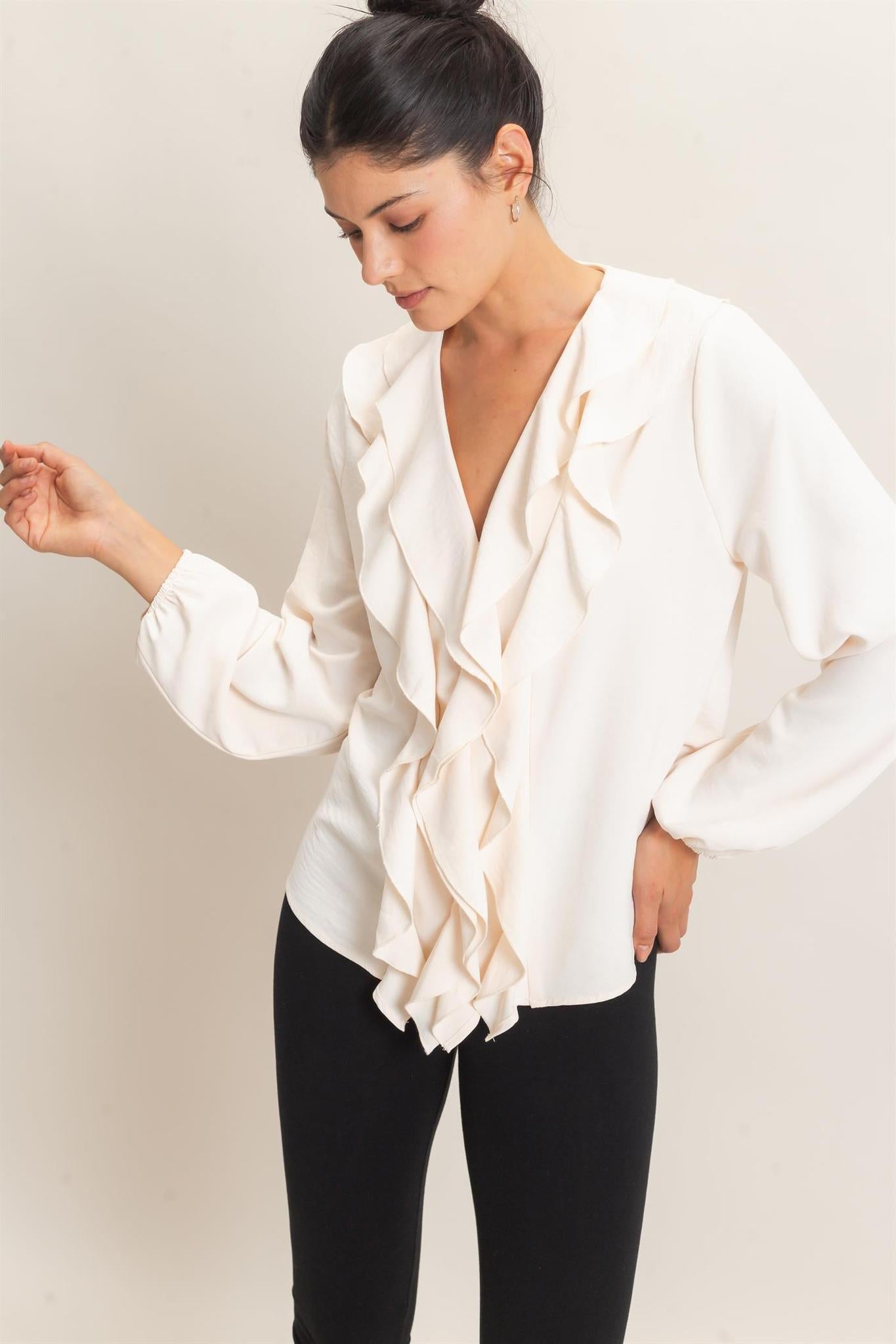 Alpaca Ruffled V-neck Button-up Blouse