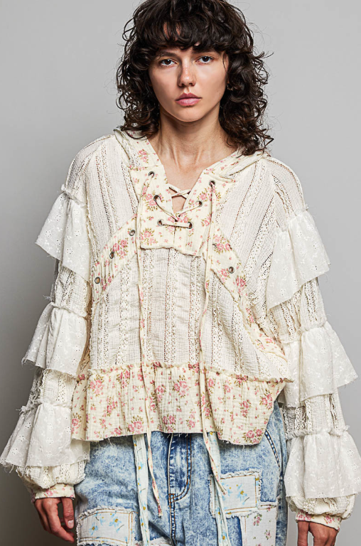 Eyelet Ruffle Natural Hoodie Top