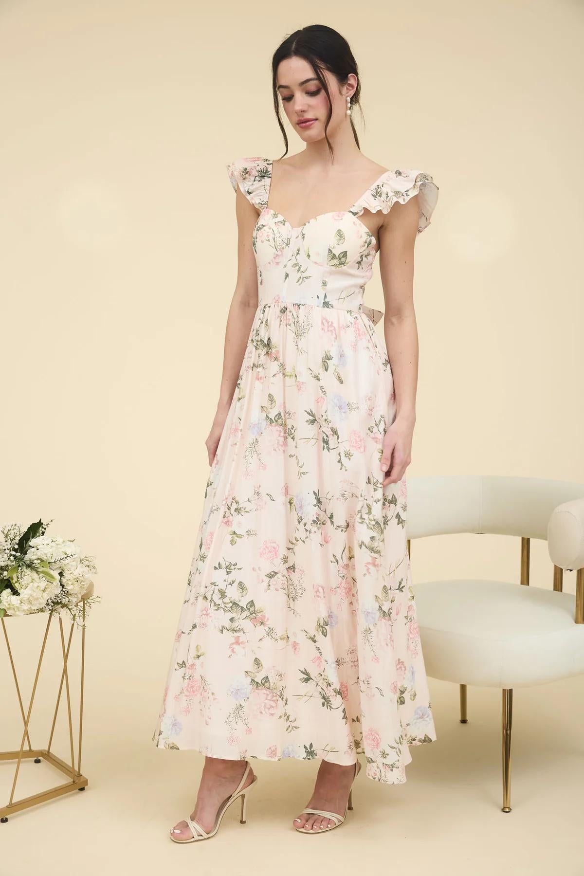 Blush Floral Corset Detail Maxi Dress