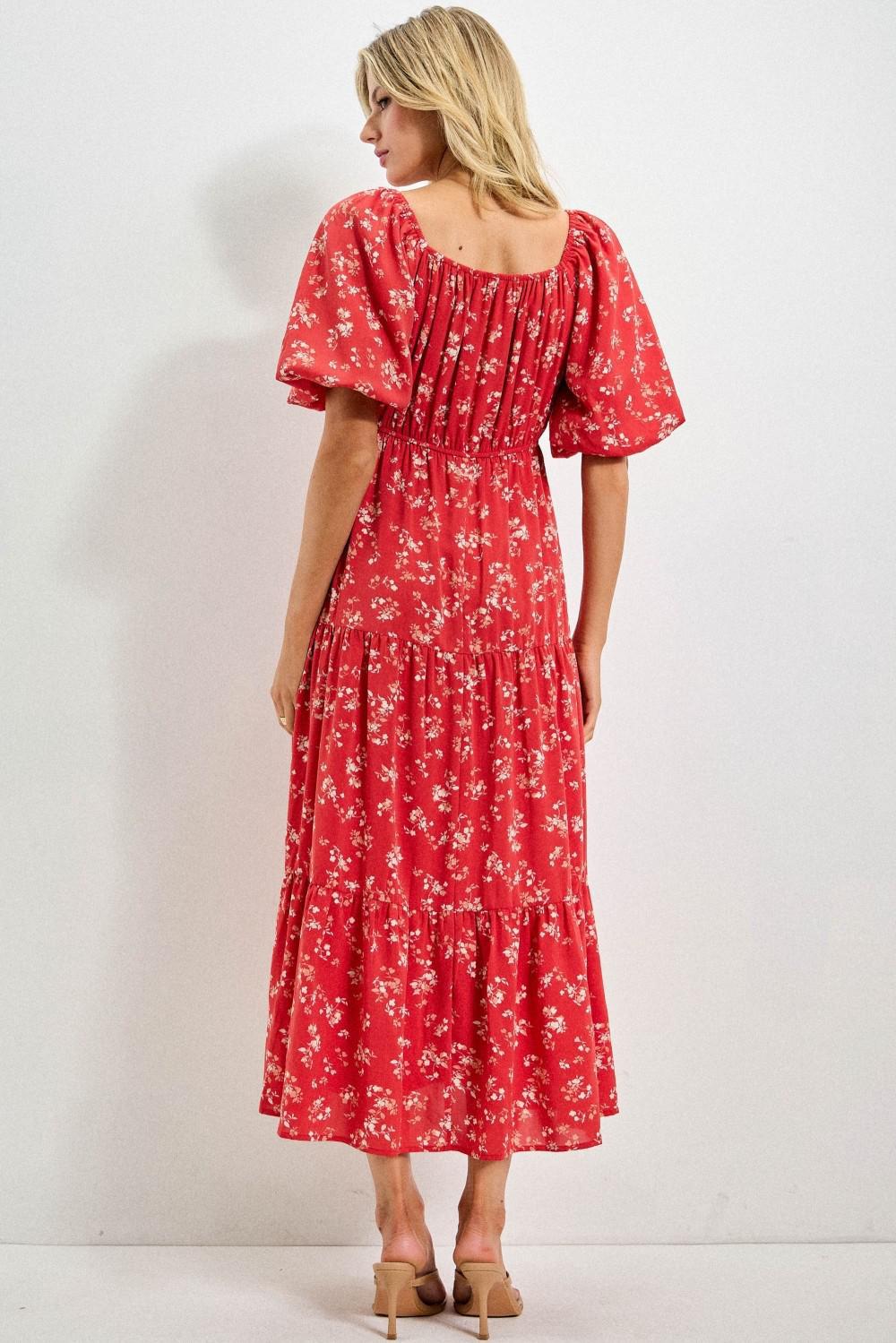 Floral Print Puff Sleeve Tiered Maxi Dress
