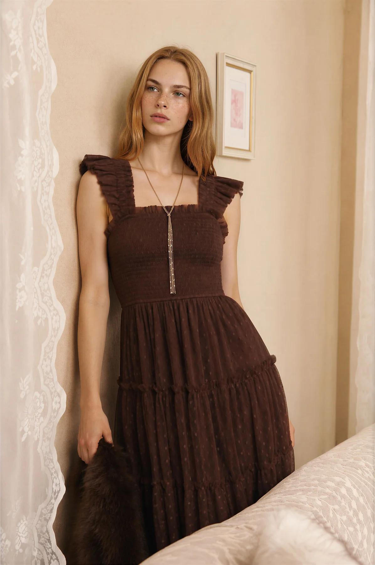 BROWN POLKA DOT CHIFFON SMOCKED TIERED MIDI DRESS