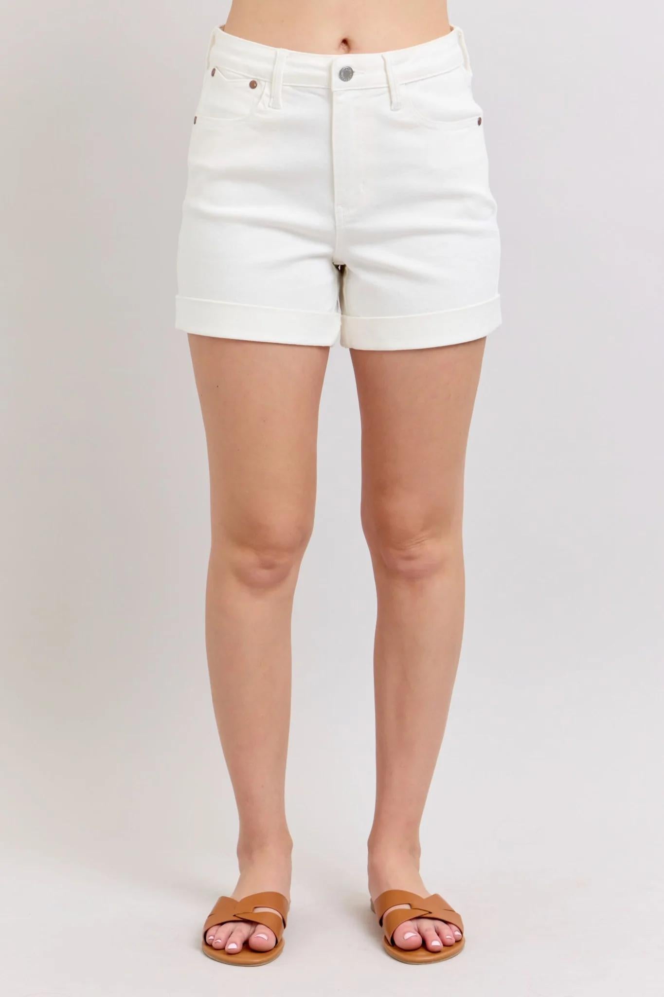 Judy Blue HW Double Rolled Cuff White Shorts