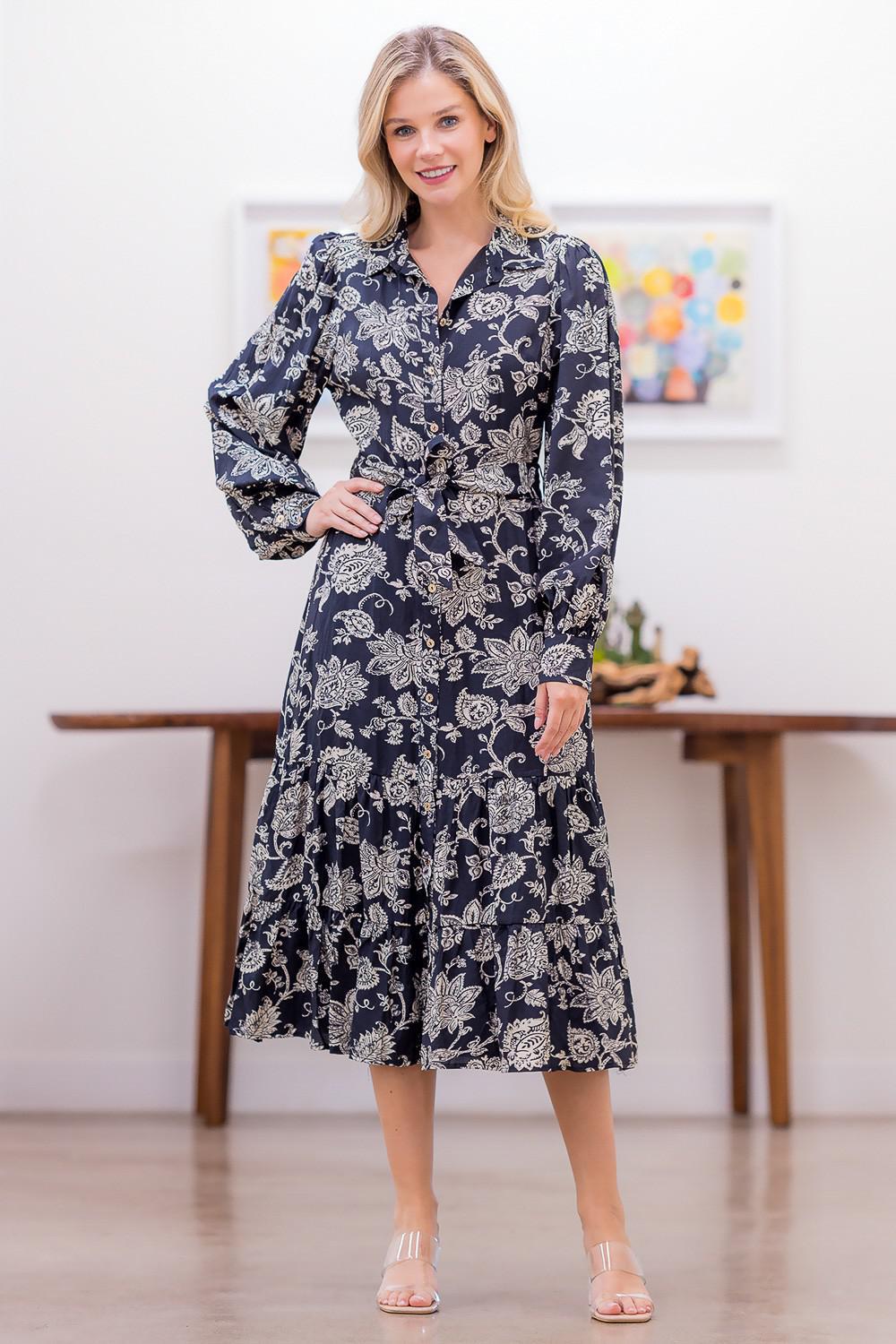 Paisley Floral Button-up With Self Tie Belt Dress