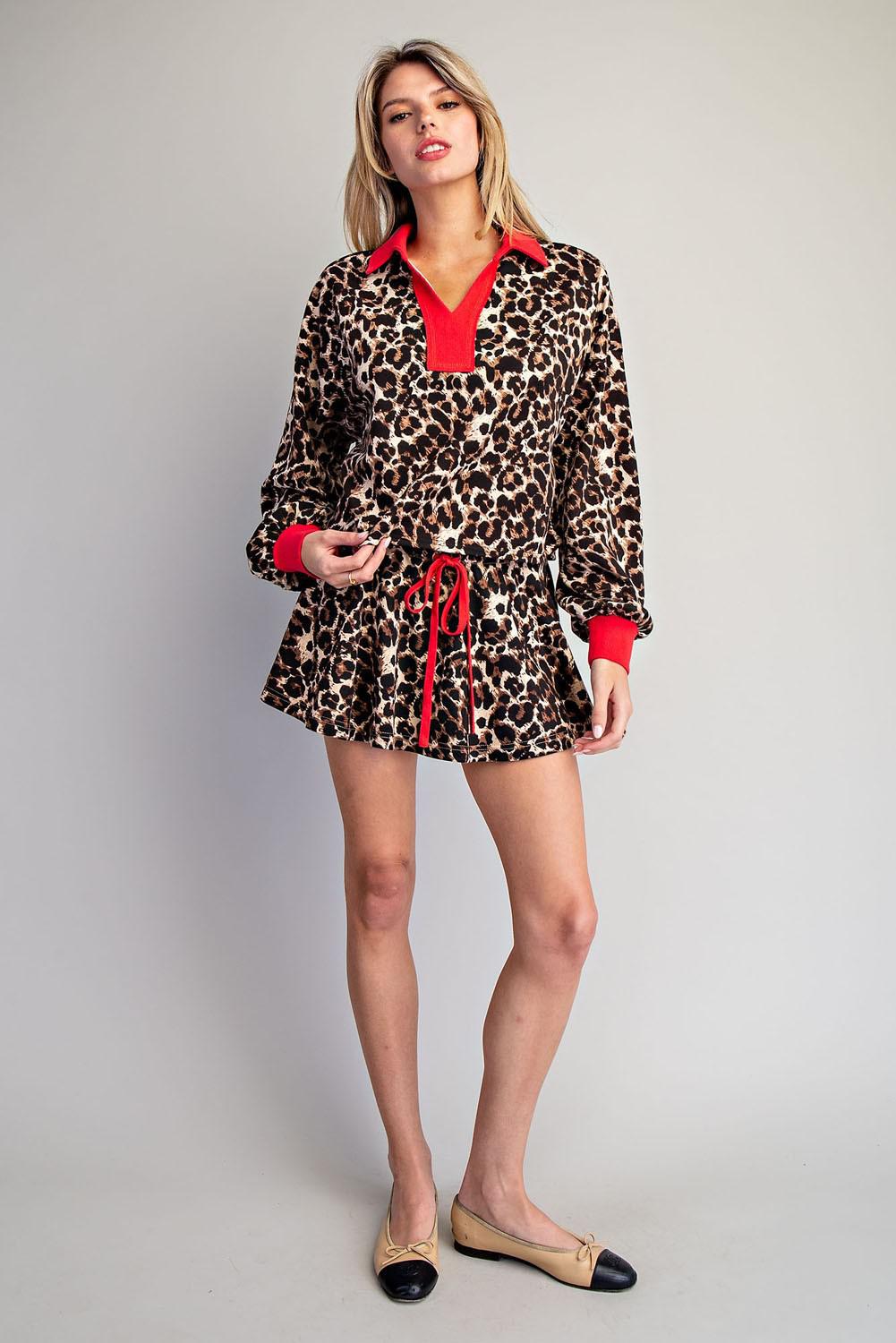 Leopard Contrast V-neck Long Sleeve Top