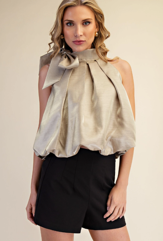 Taupe High Neck Tie Wrap Balloon Sleeveless Top