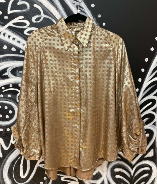Mocha Polka Dot Wide Puff Sleeve Buttondown Top