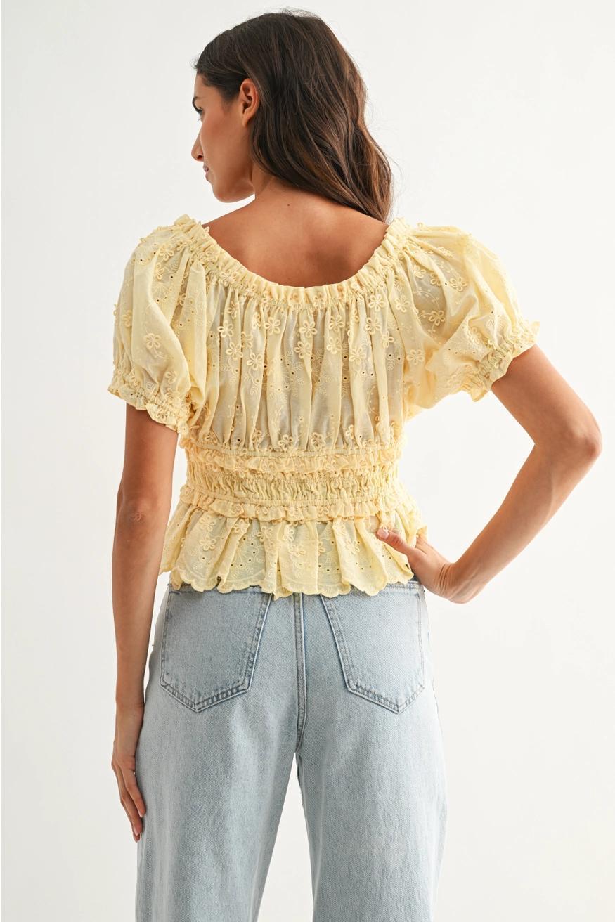 Embroidered Peplum Blouse in Yellow