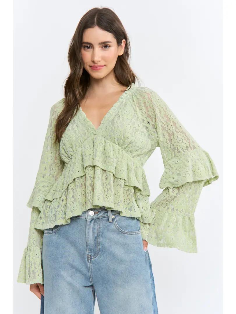 Sage Long Sleeve Lace Ruffle Blouse