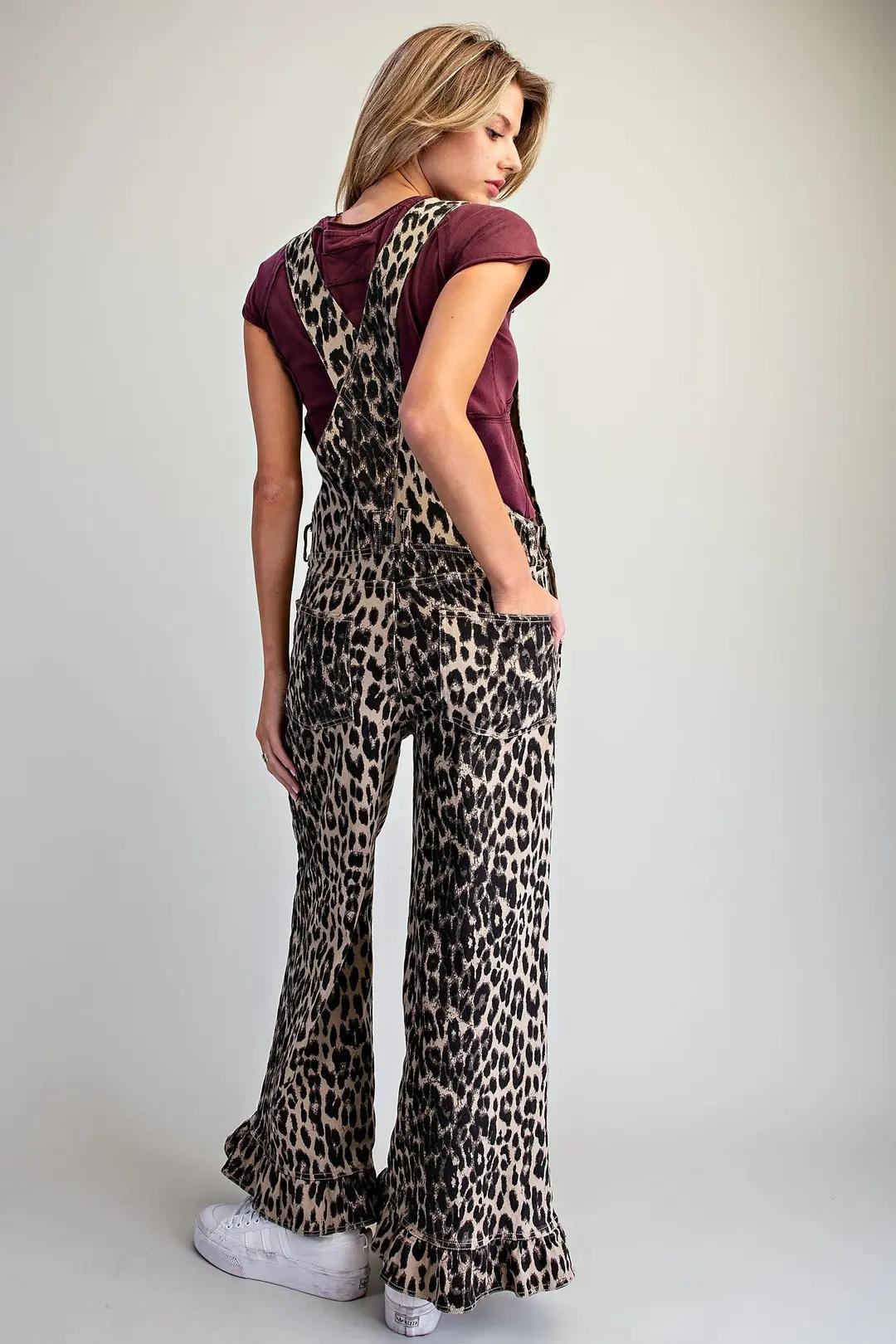 Mineral Washed Leopard Ruffle Hem Jumpsuit
