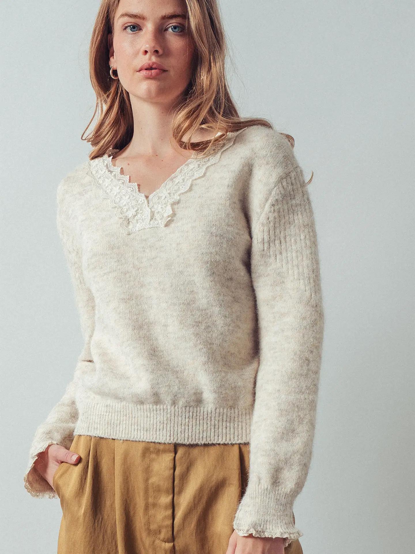Lace Trim V-Neck Heathered Knit Sweater