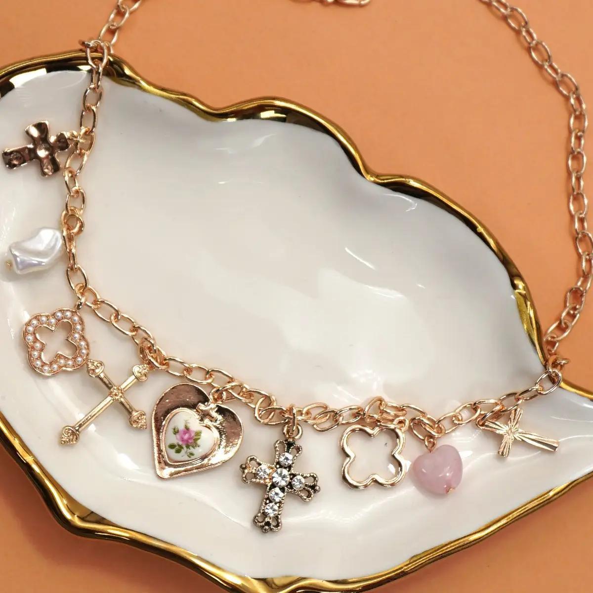 Charm Necklace-Clover Cross Porcelain Flower