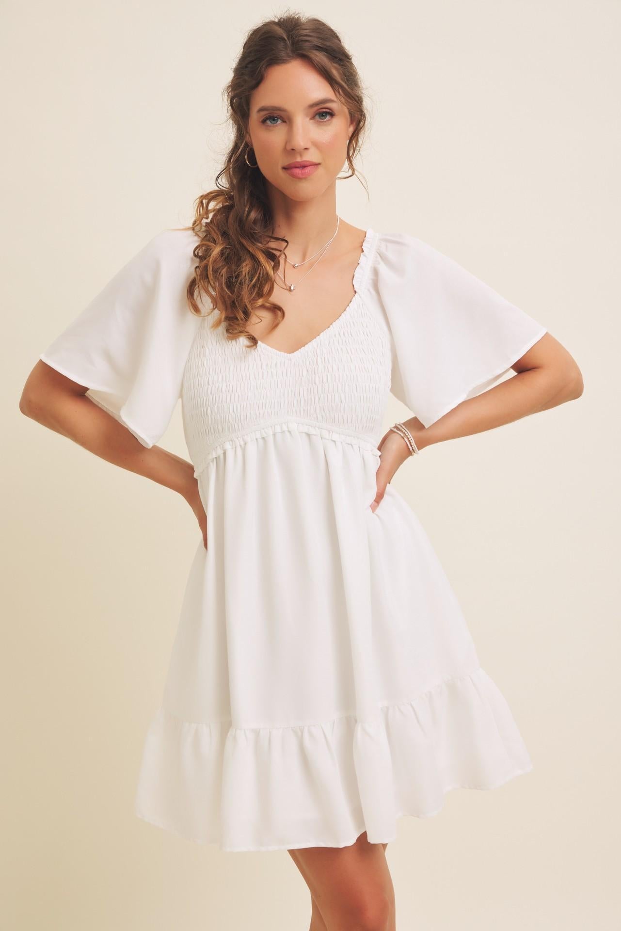White Lovely Flare Smocked Mini Dress