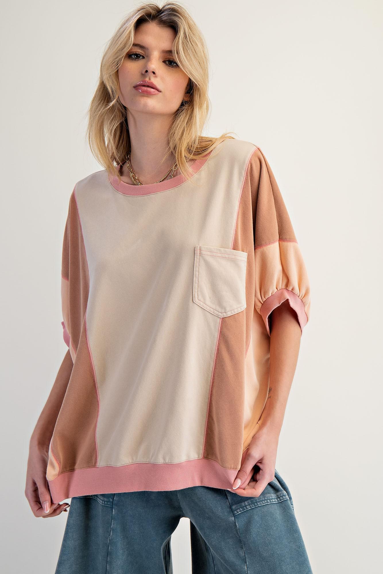 Color Block Mineral Washed Terry Knit Top