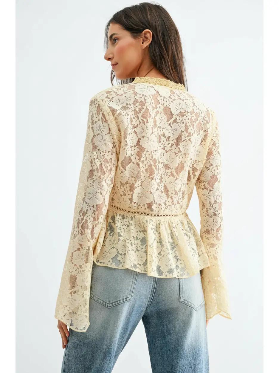 Lace Button-Down Blouse with Flared Sleeves
