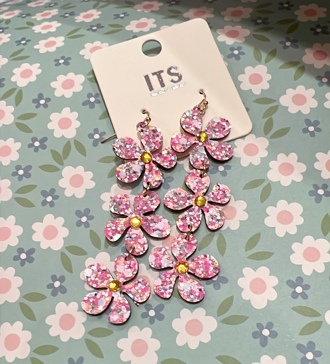 Pink Glitter Flower Earrings