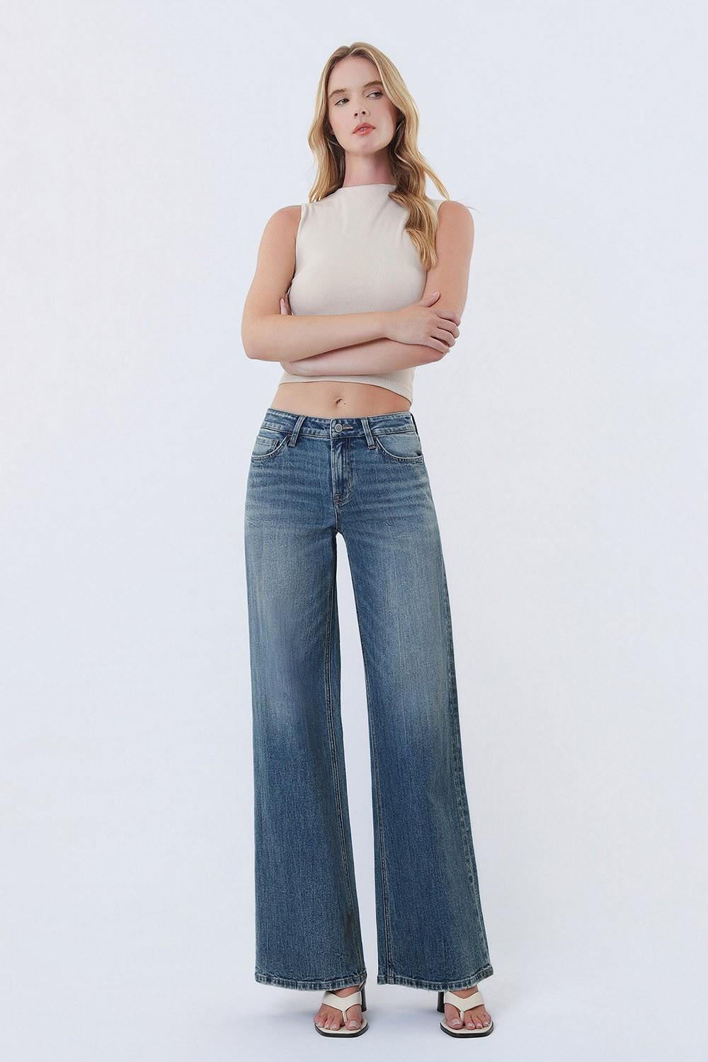 Mid Rise Medium Dark Wash Wide Leg Jeans