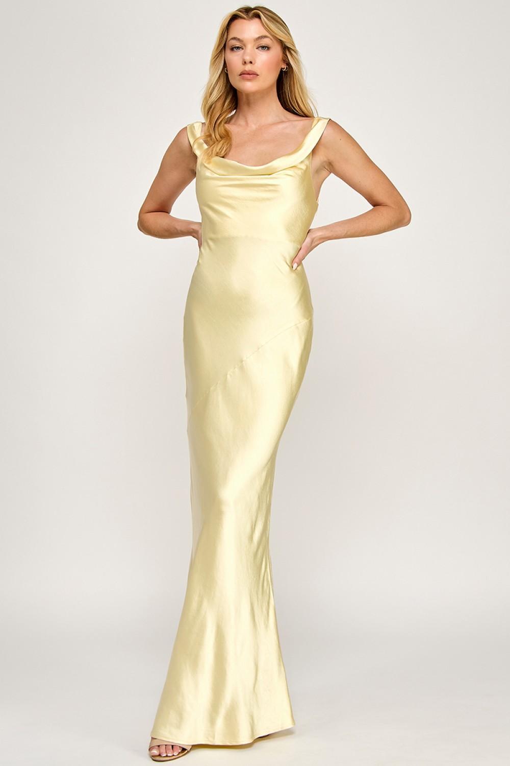 BUTTER COWL NECK SATIN MAXI DRESS
