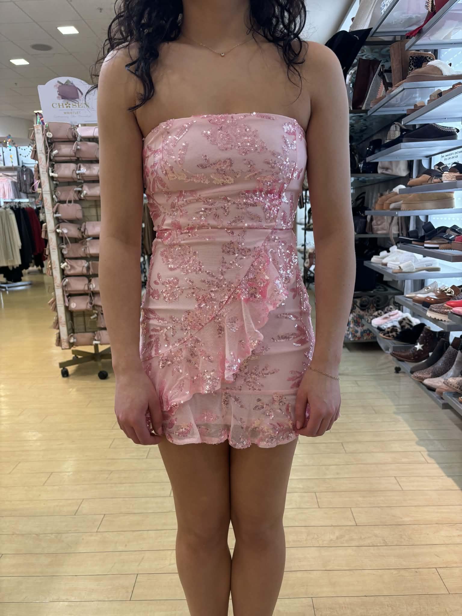 Pink Sequin Ruffle Detail Mini Dress