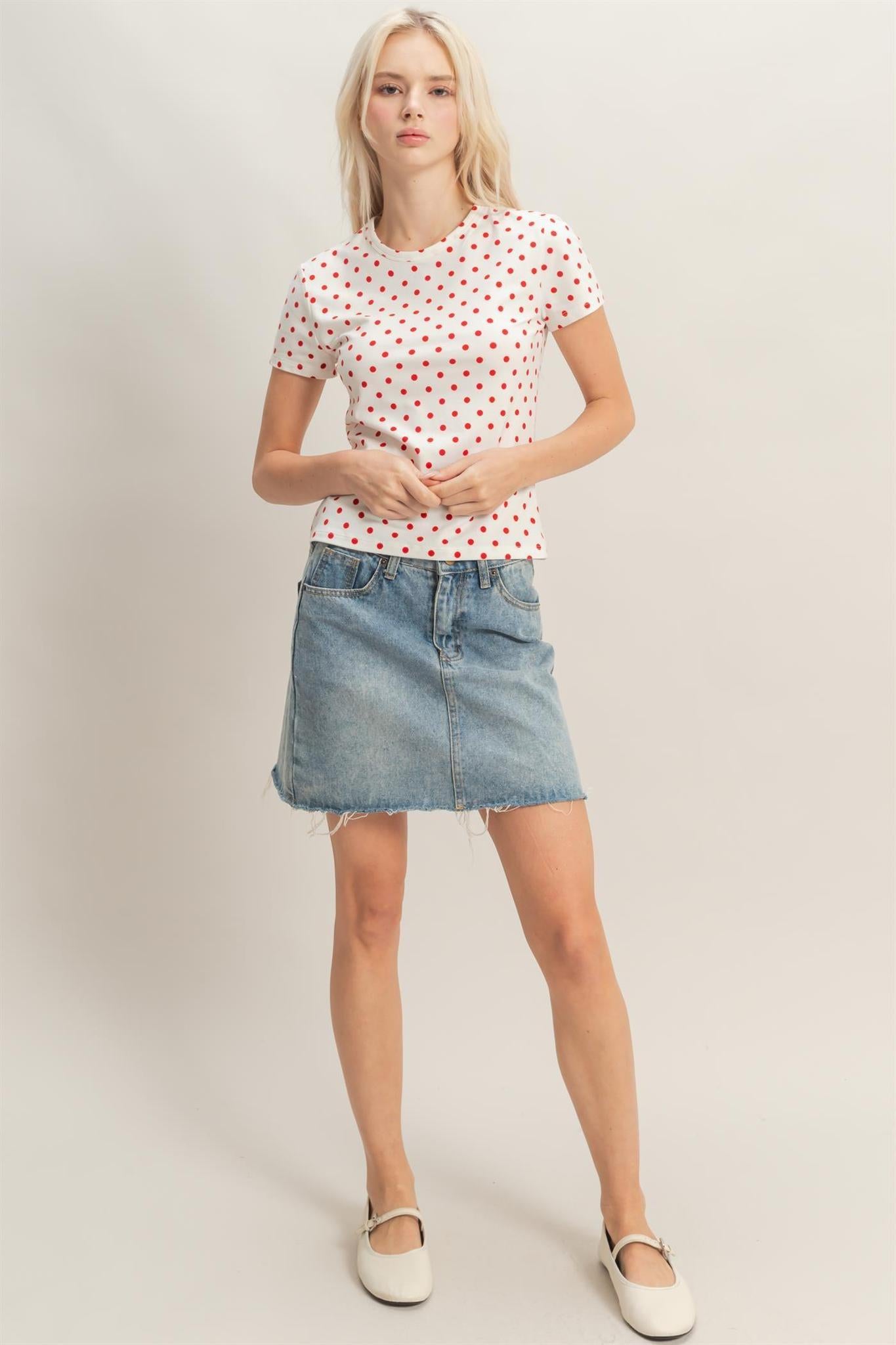 Polka Dot Short Sleeve Crew Neck - Red