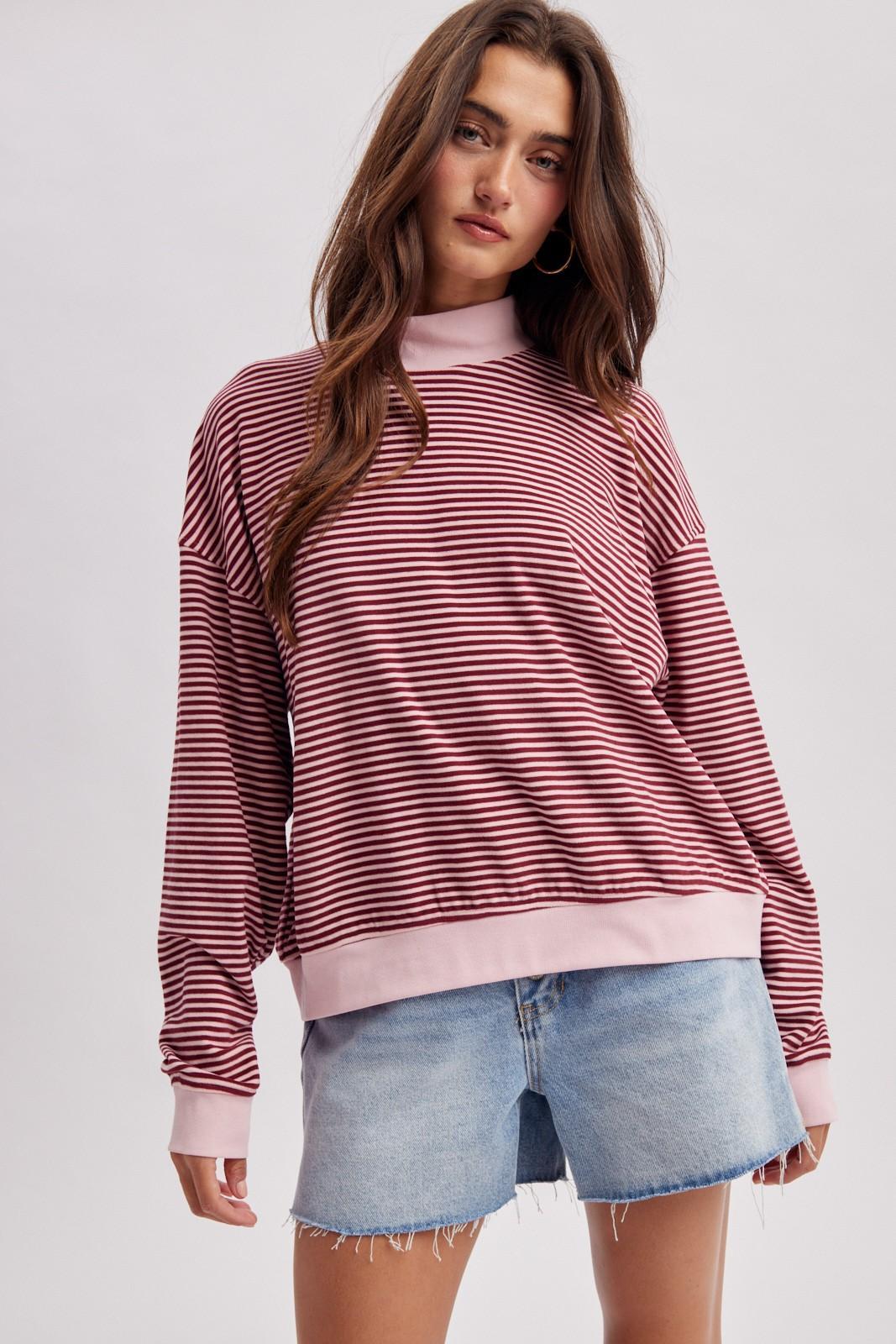 Pink/Burgundy Striped Mock Neck Knit Top