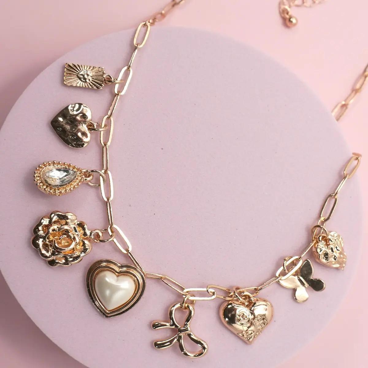 Charm Necklace-Bow Heart Rhinestone Flower