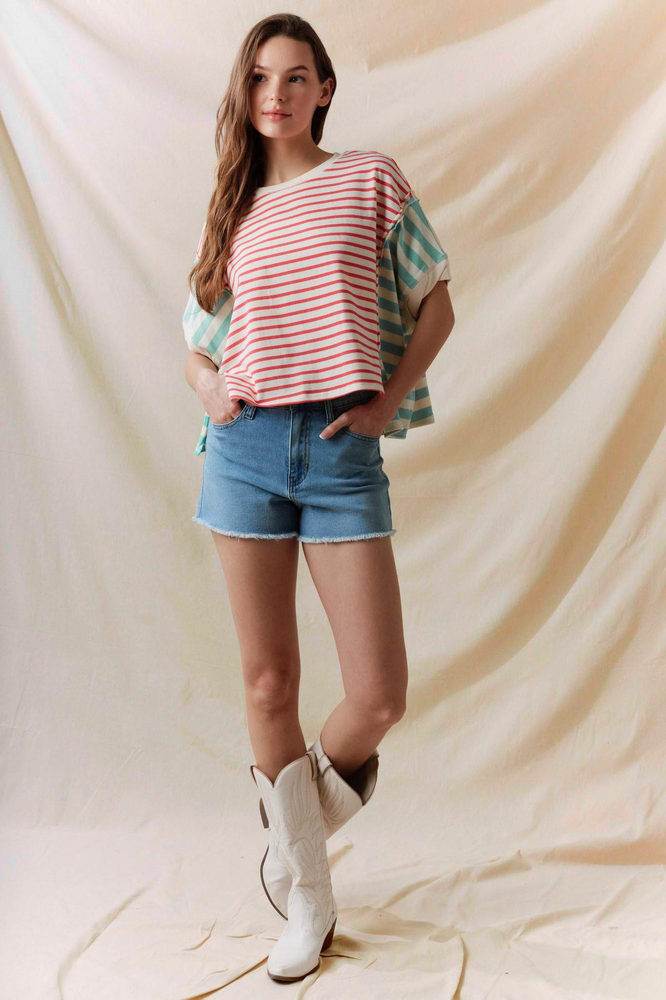 Coral/Mint Stripe Color Block Tee