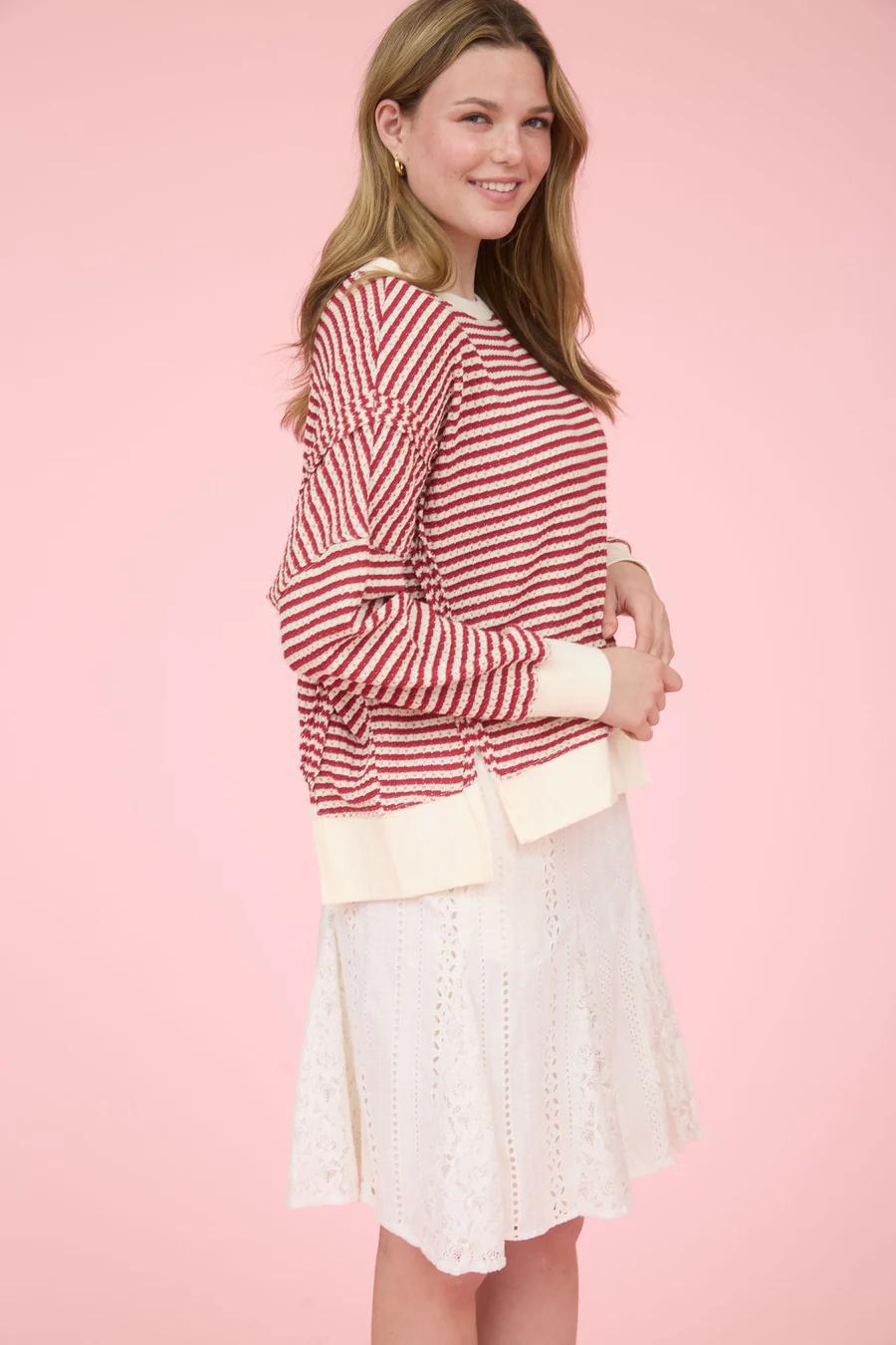 Red/Cream Striped Exposed Seam Knit Top