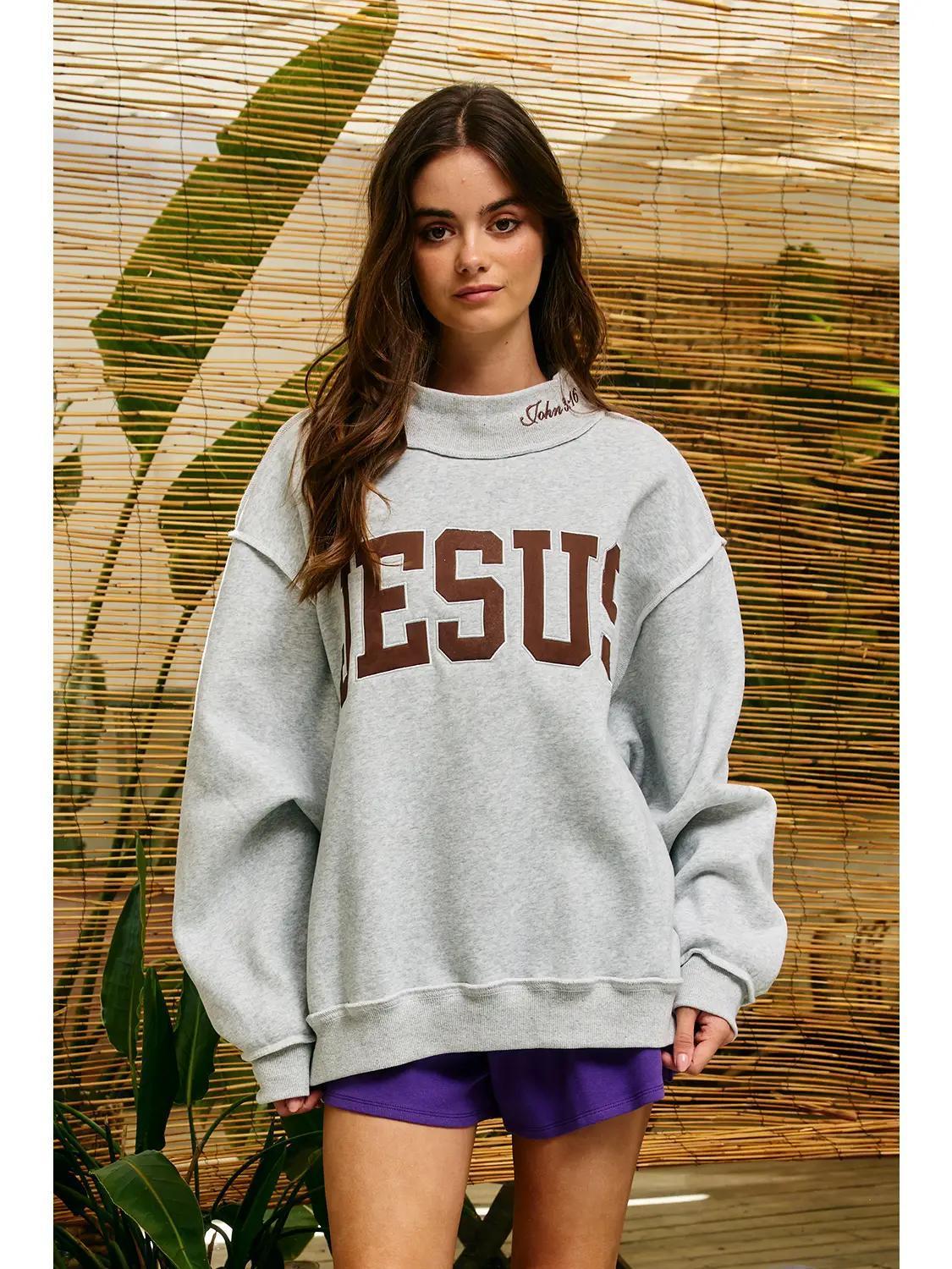 'Jesus' Heather Grey Embroidered Mock Neck Sweatshirt