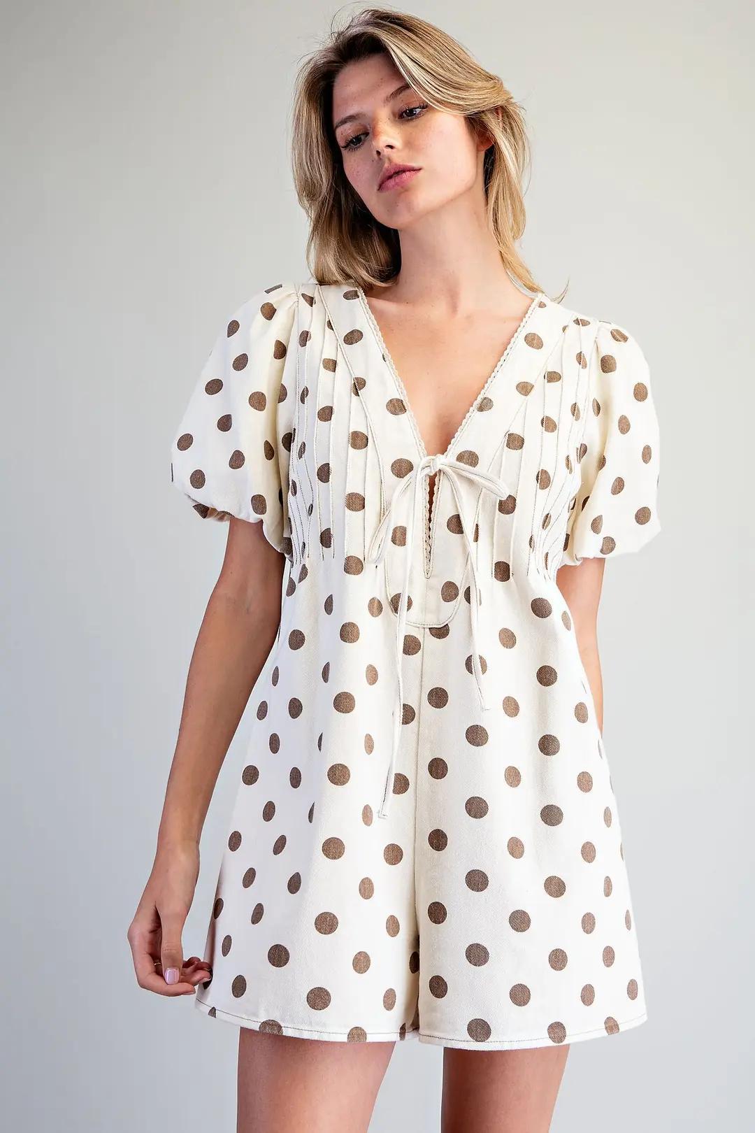 Oatmeal Mineral Washed Polka Dot Pleated Romper