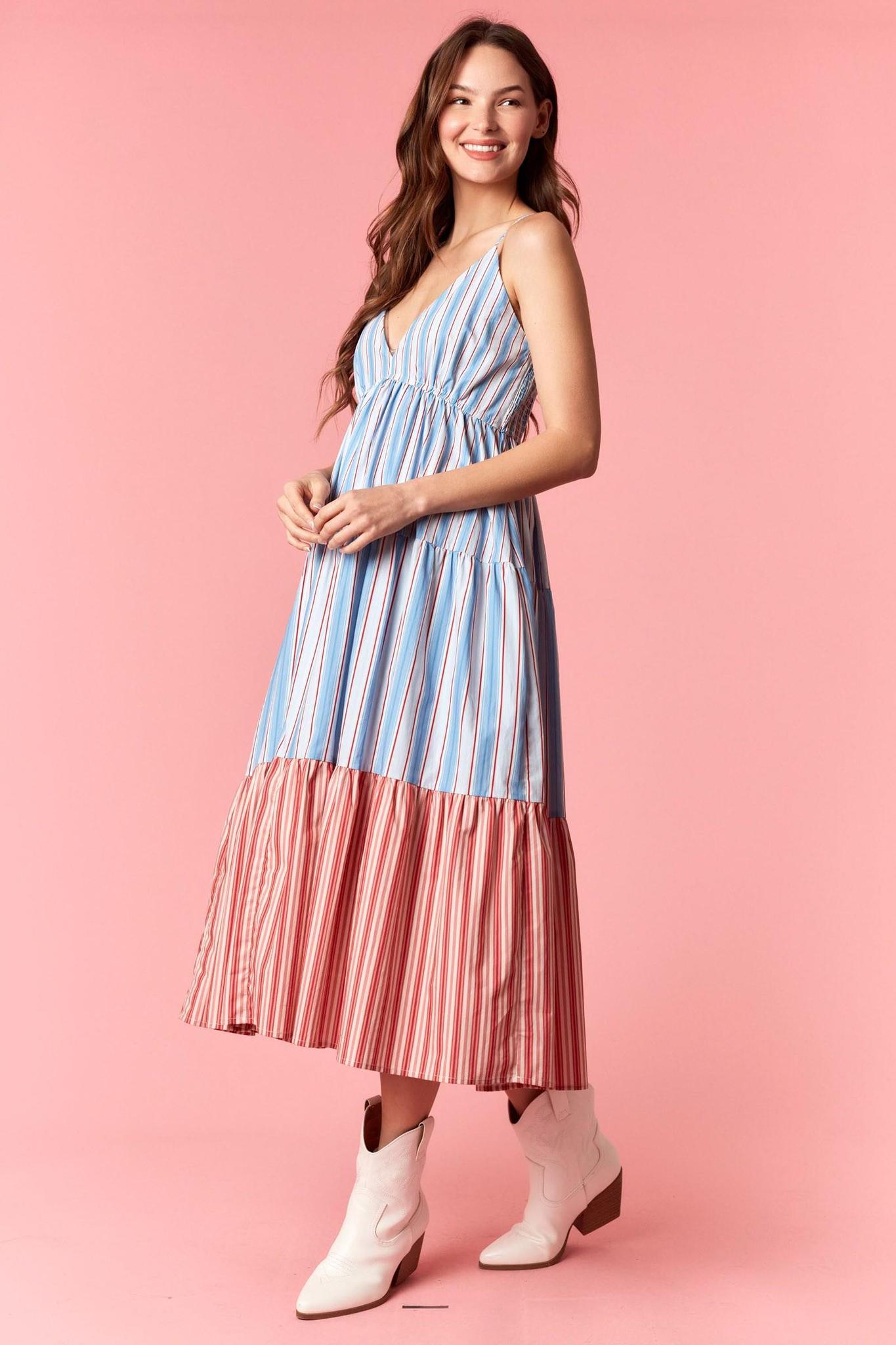 Multi Stripe Color Block Front Bow Tie Dress