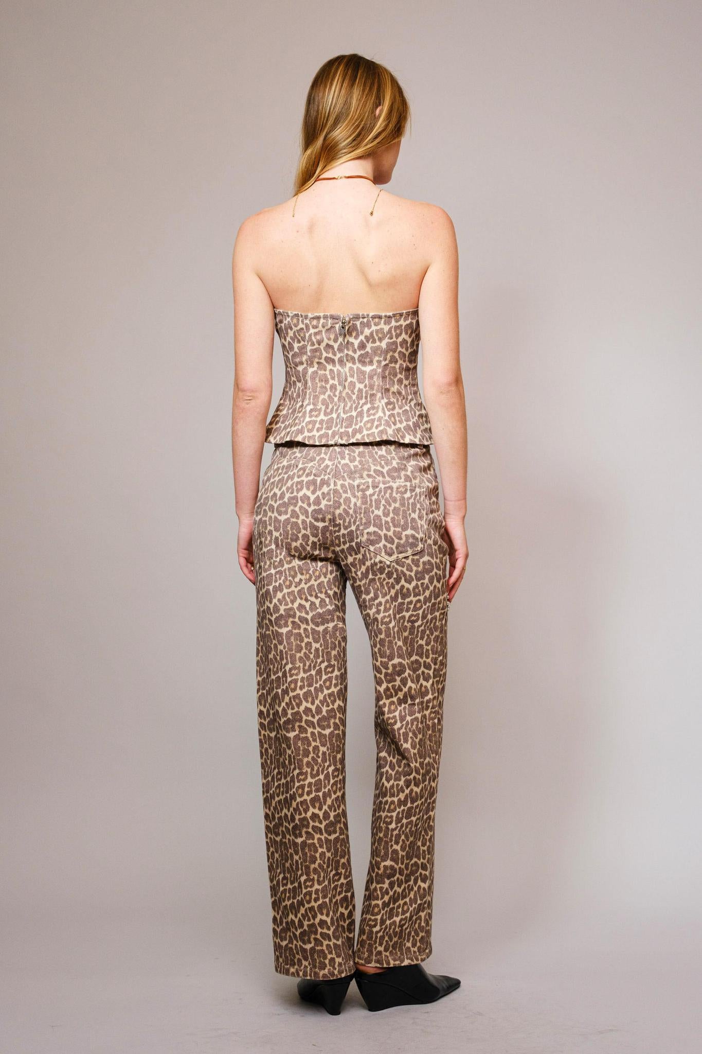 Leopard Print Rhinestone Cutout Jeans