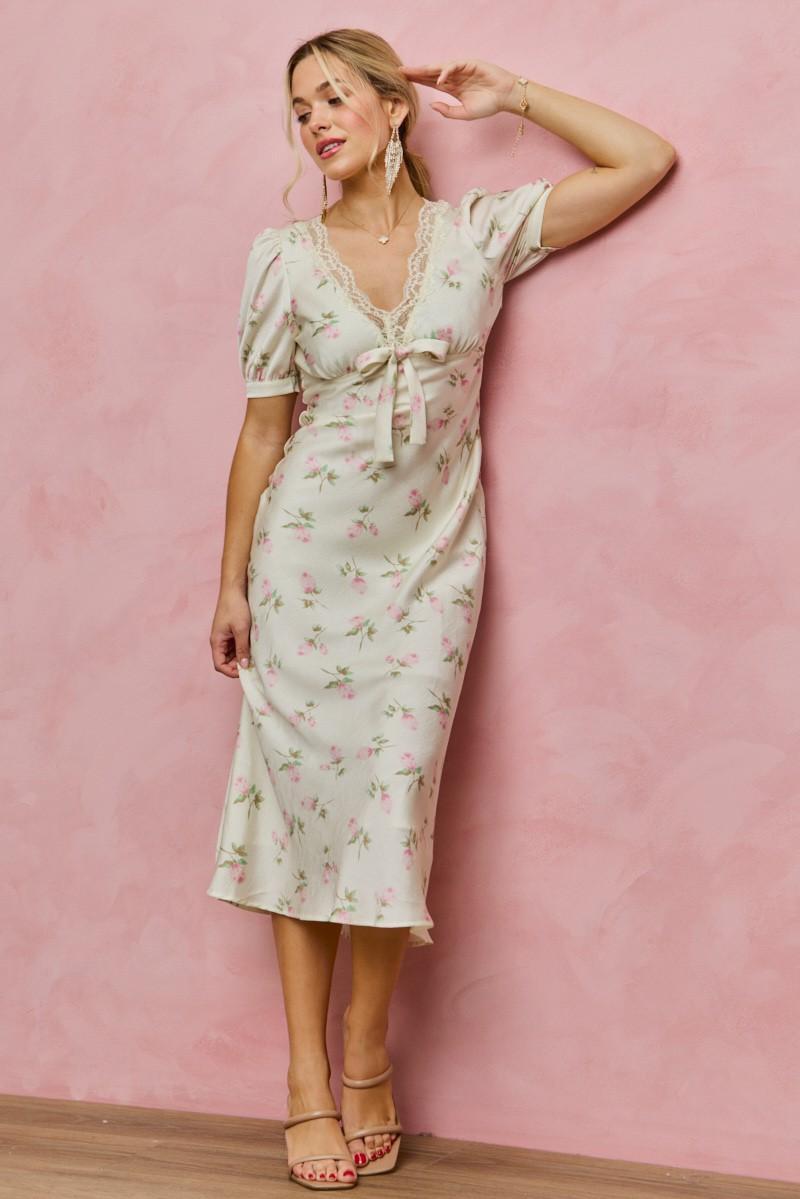 Floral Satin Print Lace Trim Midi Dress