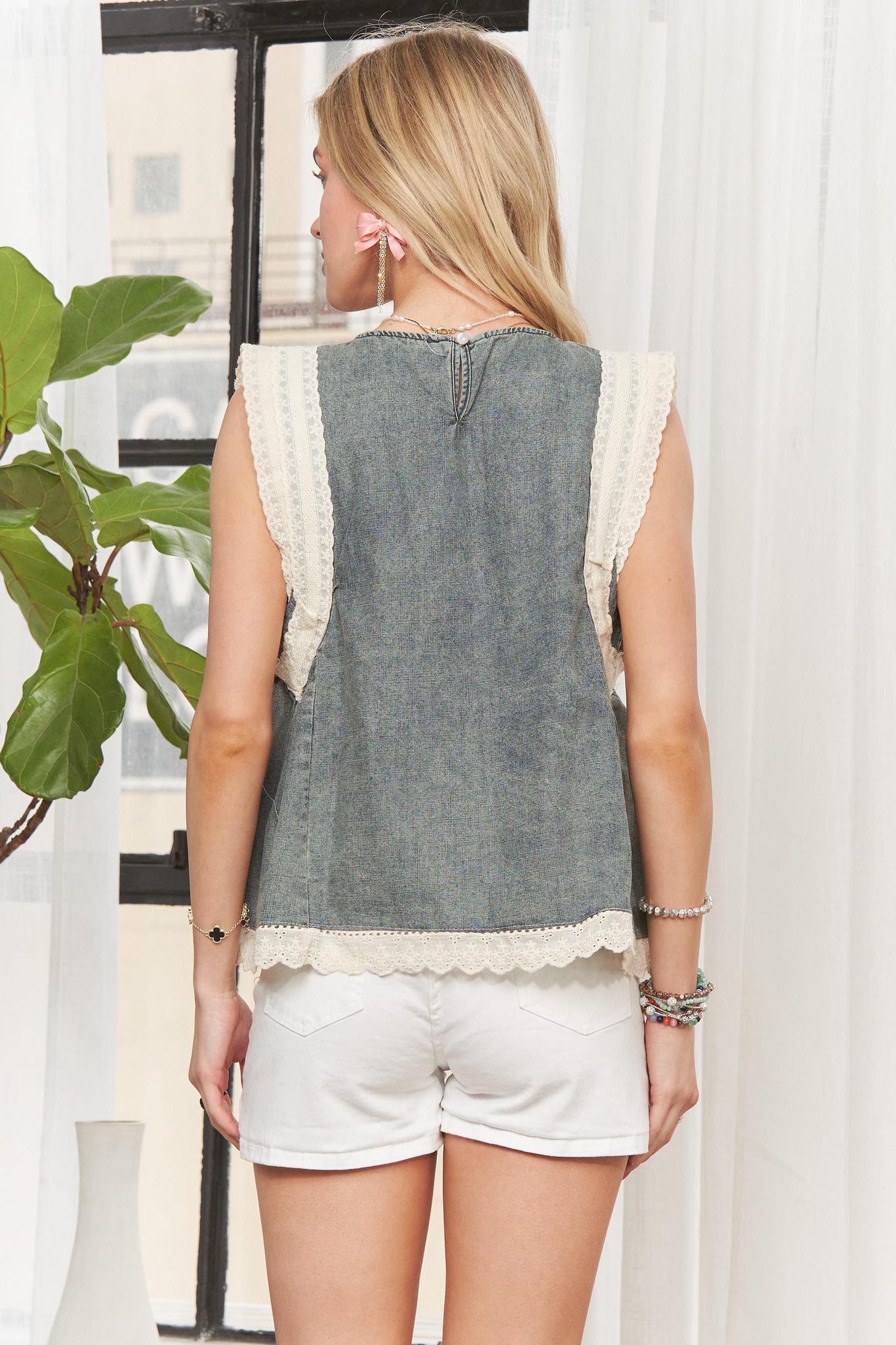 Denim Lace Trim Sleeveless Blouse