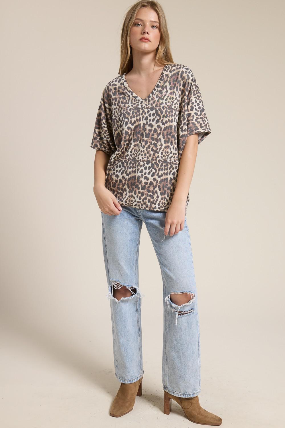 Taupe Leopard V-neck Oversized Top