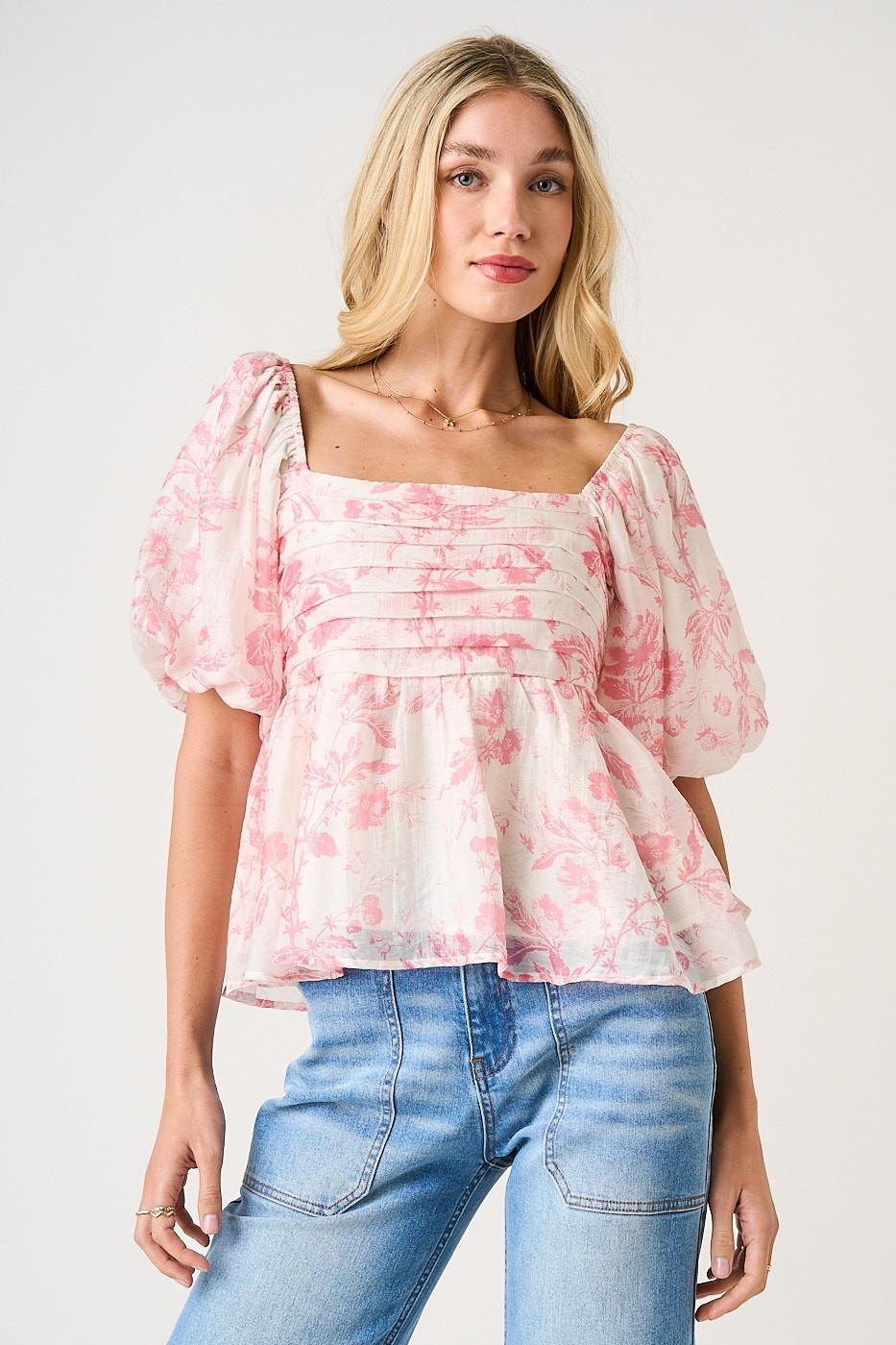 Pink Floral Print Pleat Detail Puff Sleeve Babydoll Top