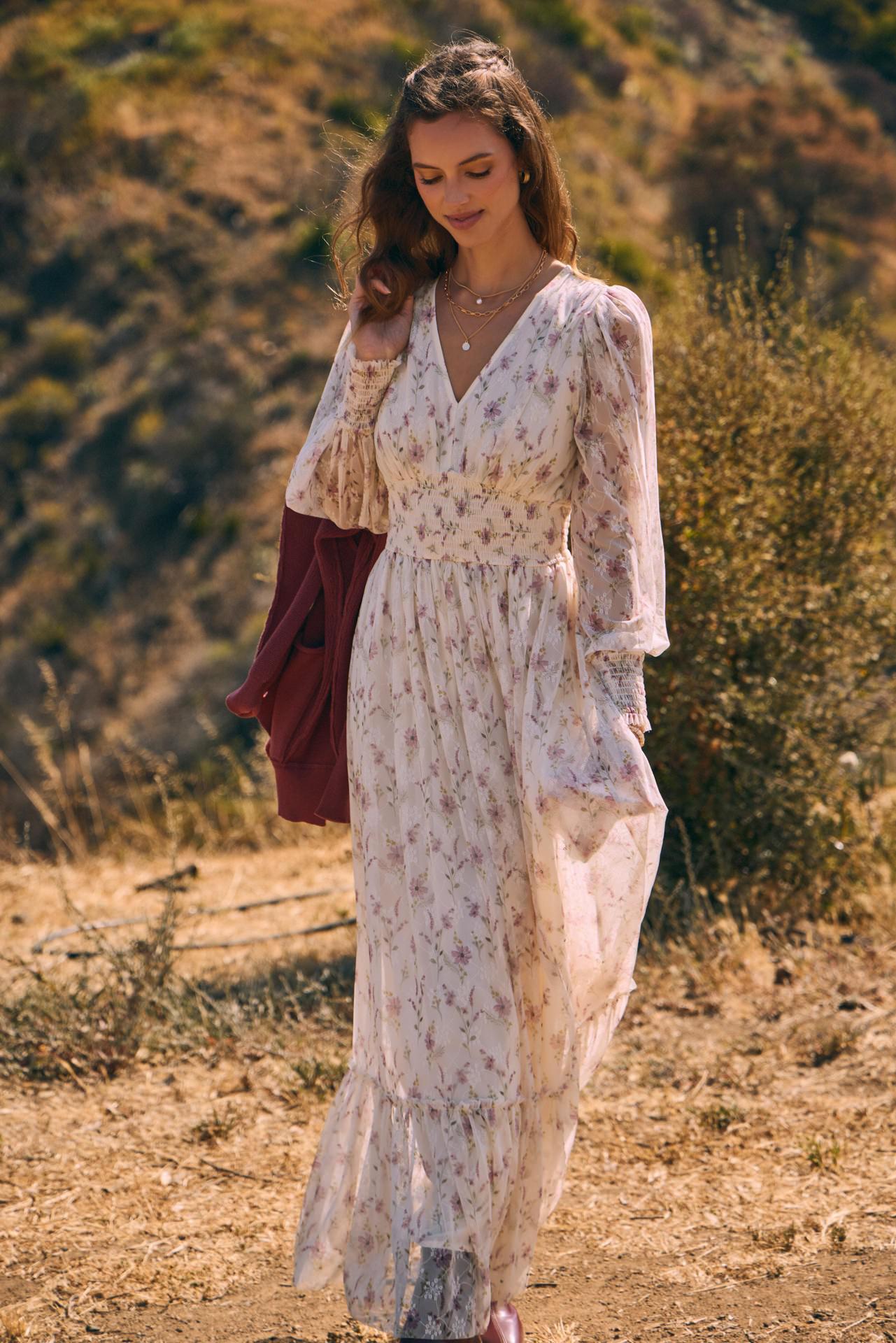 Dreamy Floral Mesh Maxi Dress With Smocked Waist