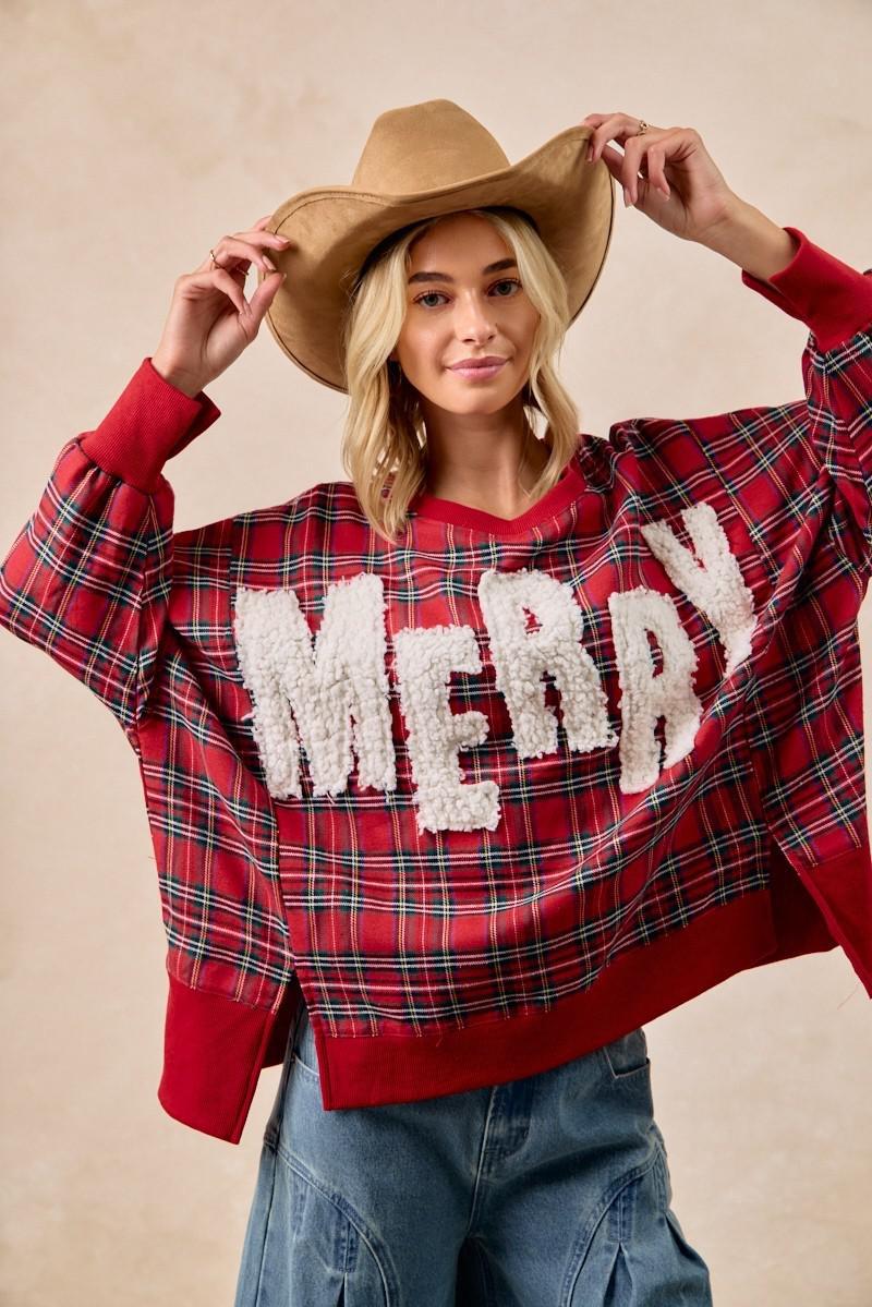 Merry Letter Patches Christmas Plaid Sweatshirt