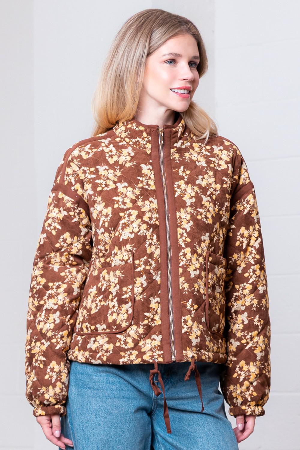 High-Neck Printed Corduroy Quilting Jacket