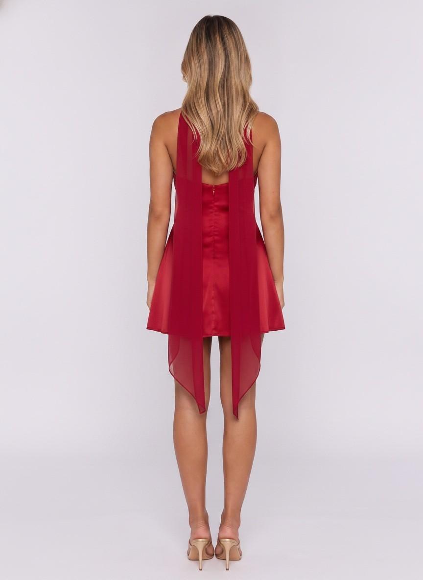 Cherry Red Satin Halter Backless Mini Dress With Chiffon Scarf