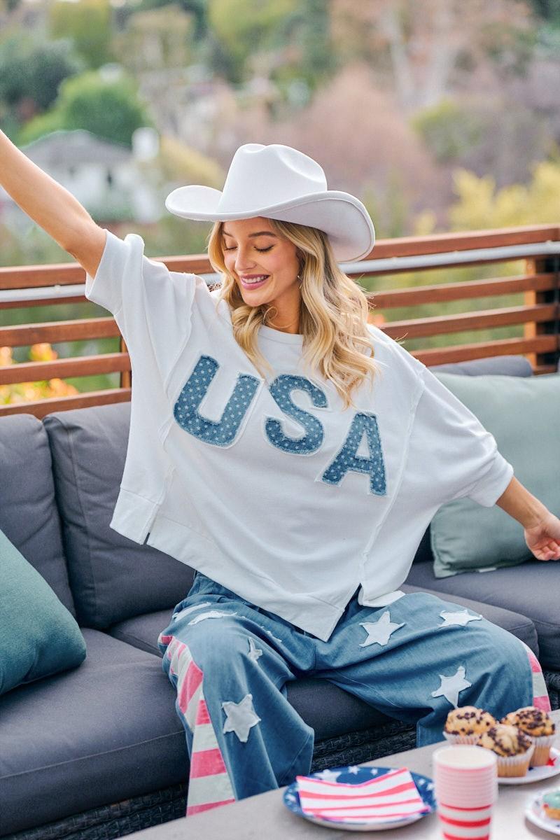 Ivory USA Letter Patchwork Terry Top