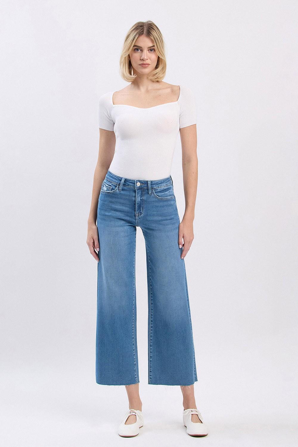 High Rise Clean Cut Raw Hem Crop Slim Wide Jeans