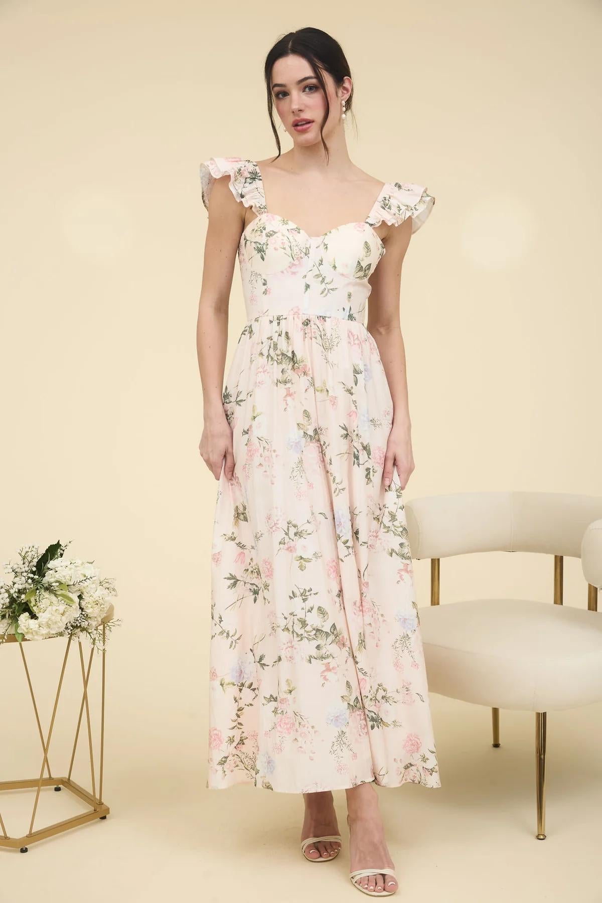 Blush Floral Corset Detail Maxi Dress