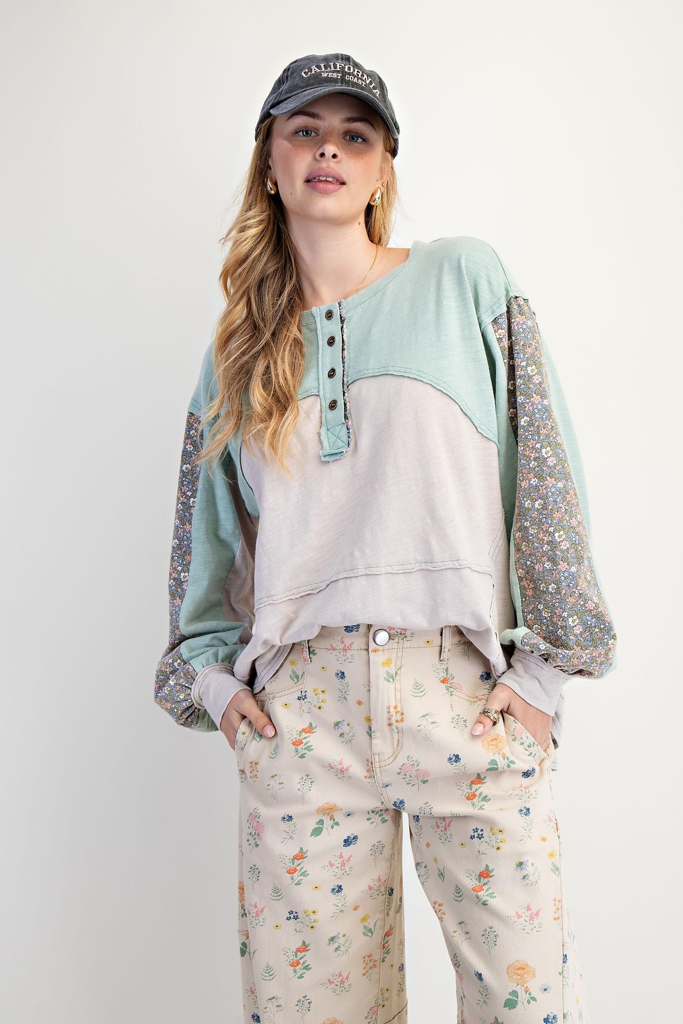 Mint Grey Color Block Washed Henley Top