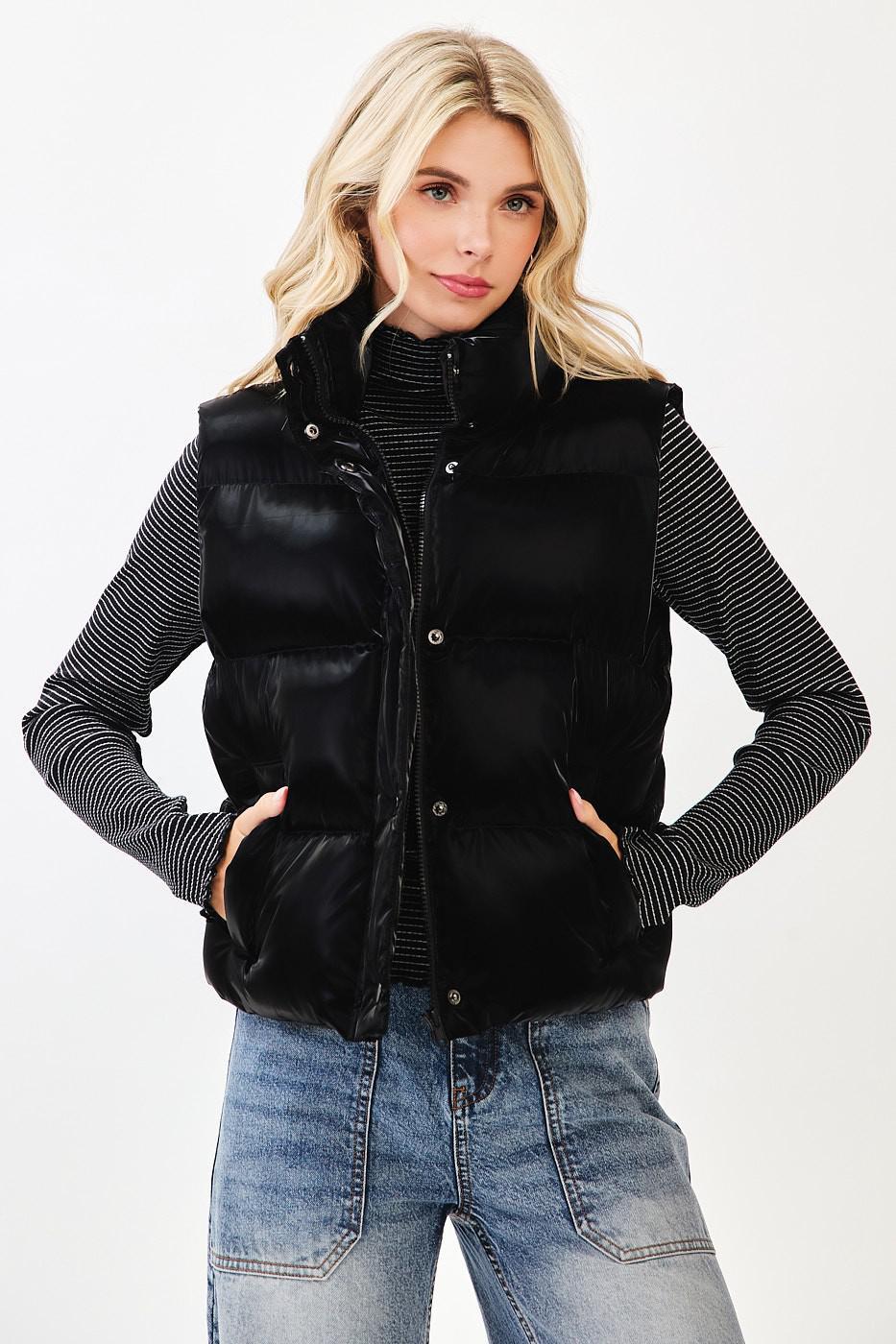 Black Metallic Shine Padded Puffer Vest